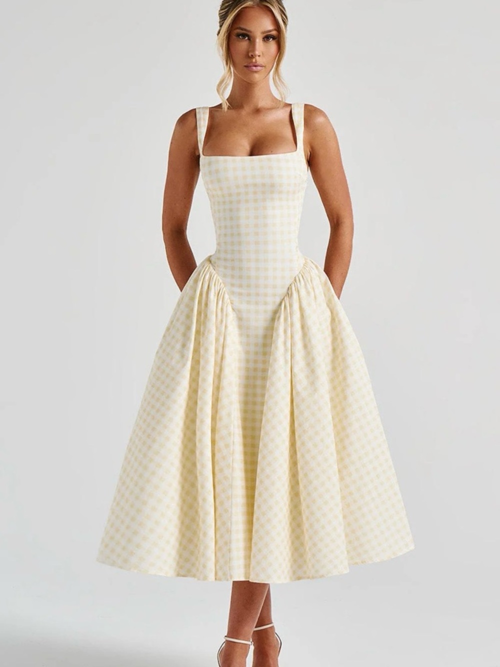 Gingham Square-Neck Yellow Midi Dress/Never Worn NWT- Babyboo Fashion